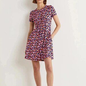 Boden Petite Jersey Dress Crew Neck A-Line Blue Floral Pockets Size 6P
